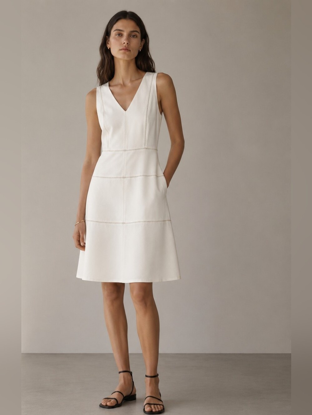 Theory Linen-Cotton Sleeveless White V-Neck A-Line Summer  Dress